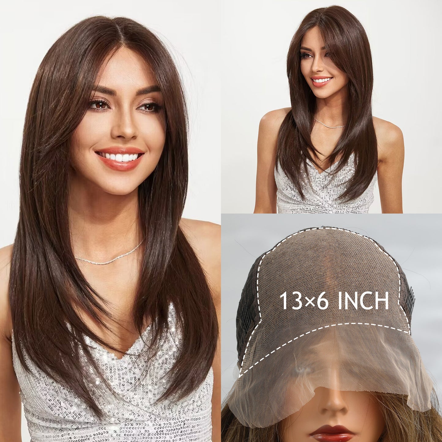 Lace wig with middle part black and brown long straight hair fashionable full head style
