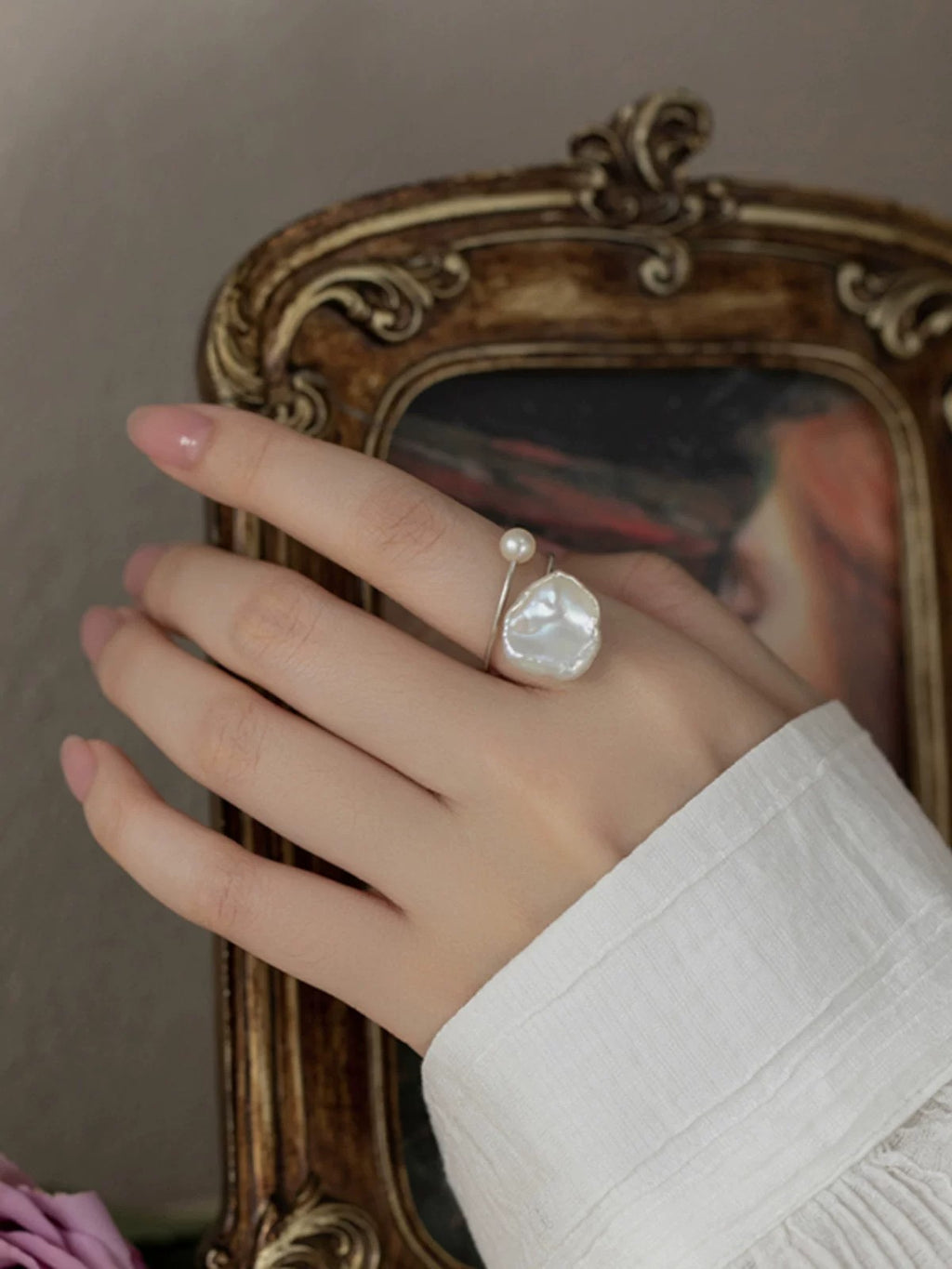 Freshwater baroque petal lotus leaf pearl ring