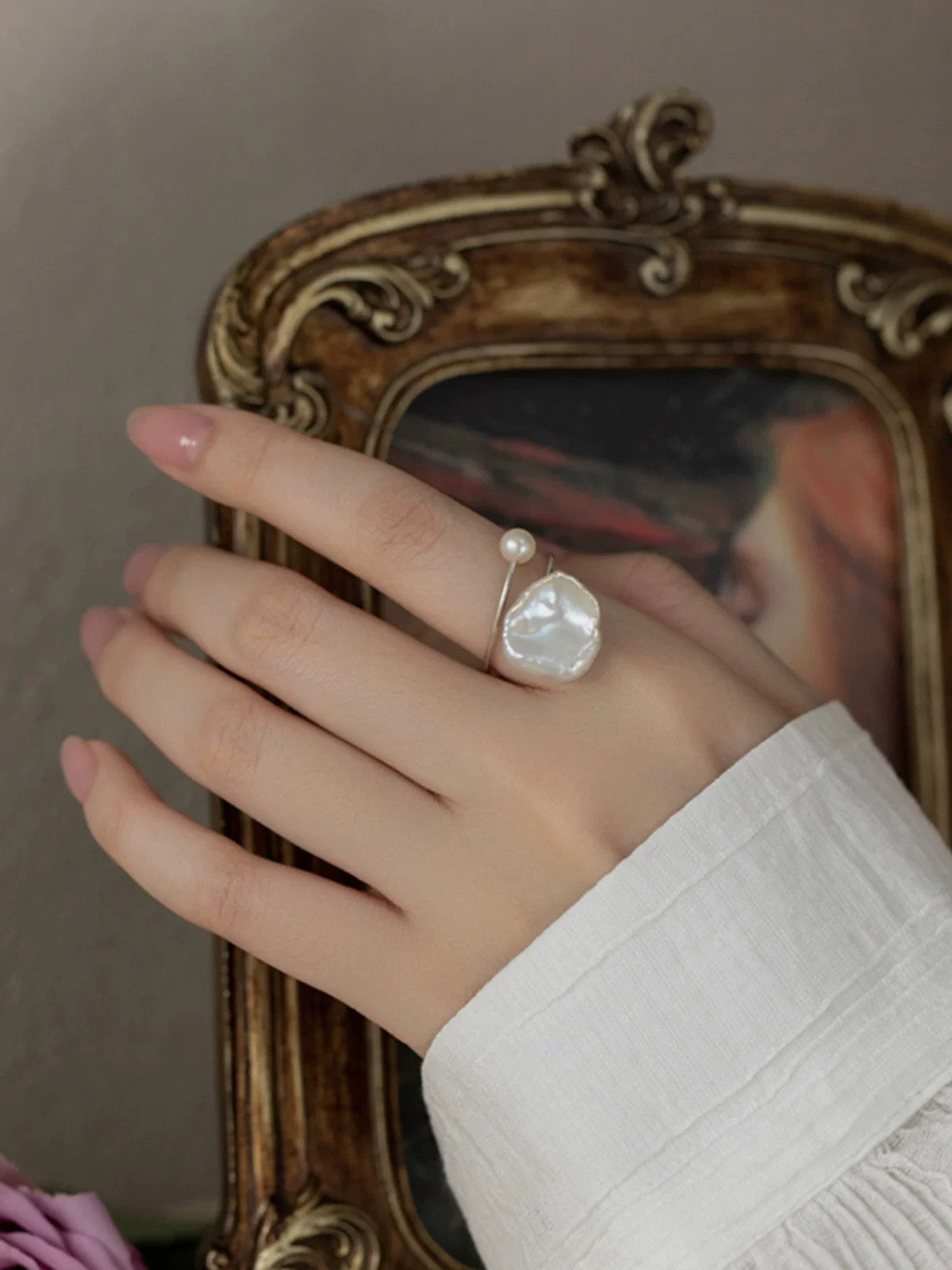Freshwater baroque petal lotus leaf pearl ring