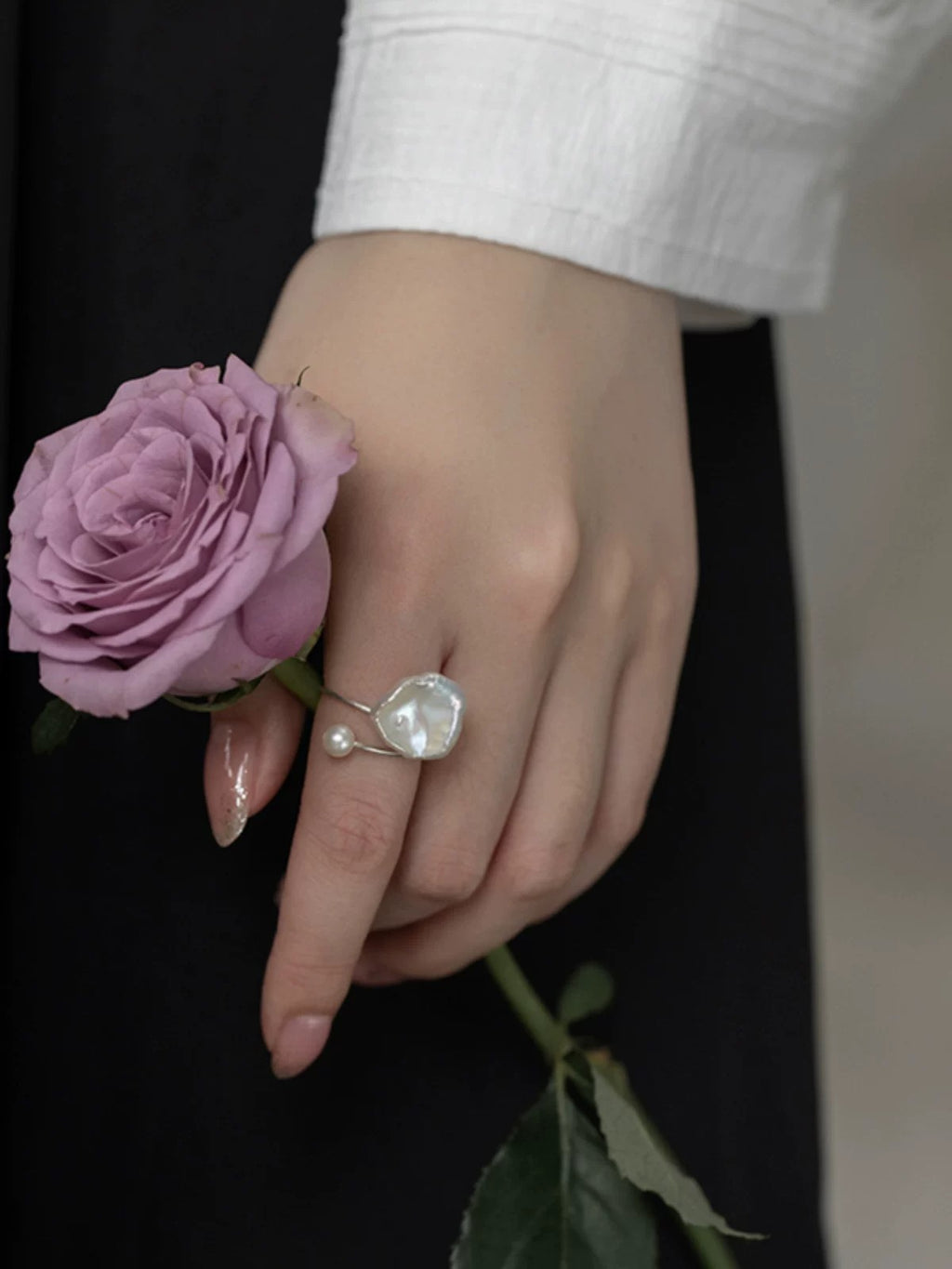 Freshwater baroque petal lotus leaf pearl ring