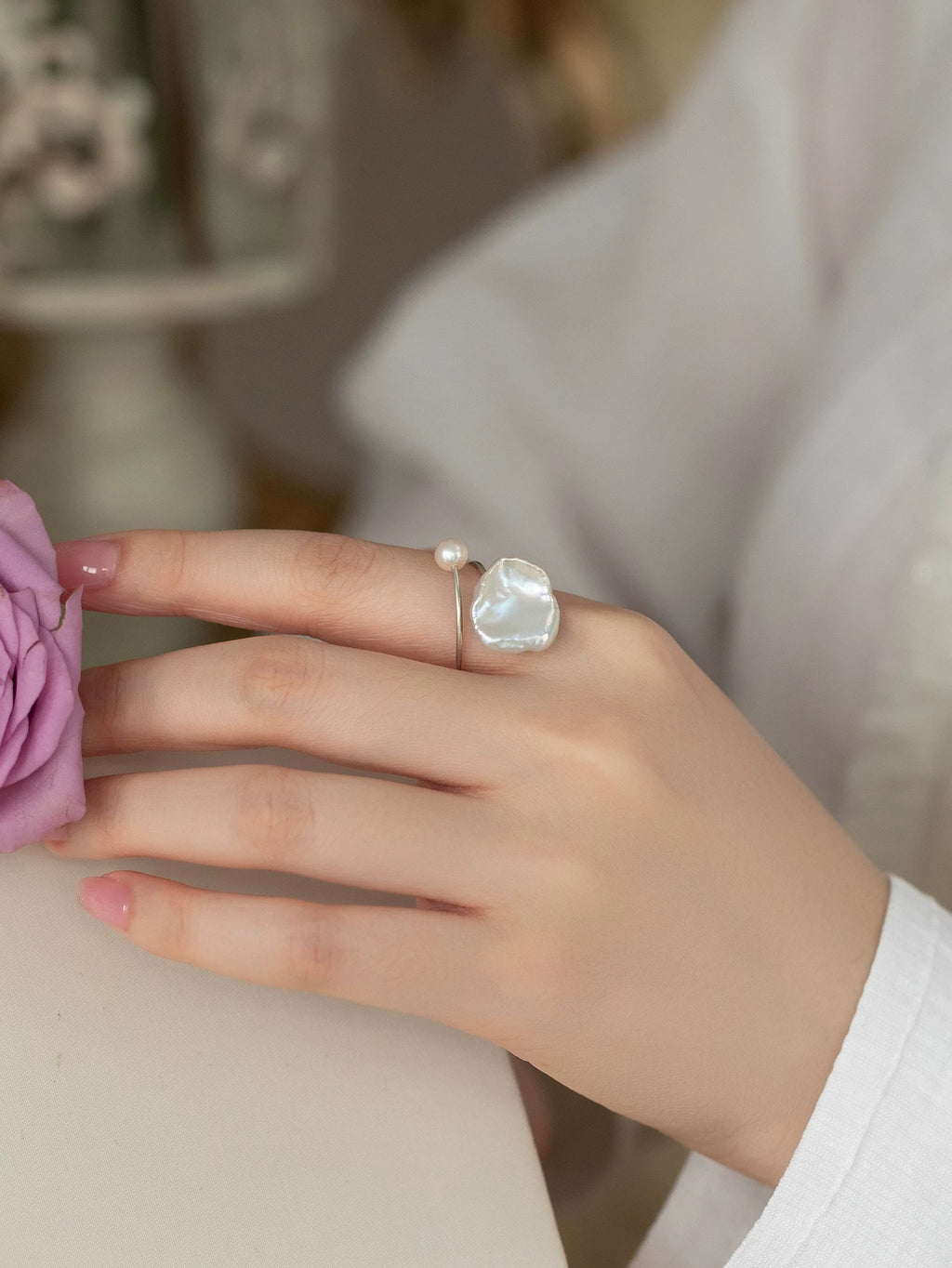 Freshwater baroque petal lotus leaf pearl ring